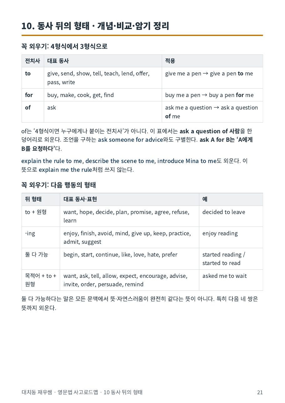 4형식→3형식 전치사 표와 다음 행동의 형태 암기표