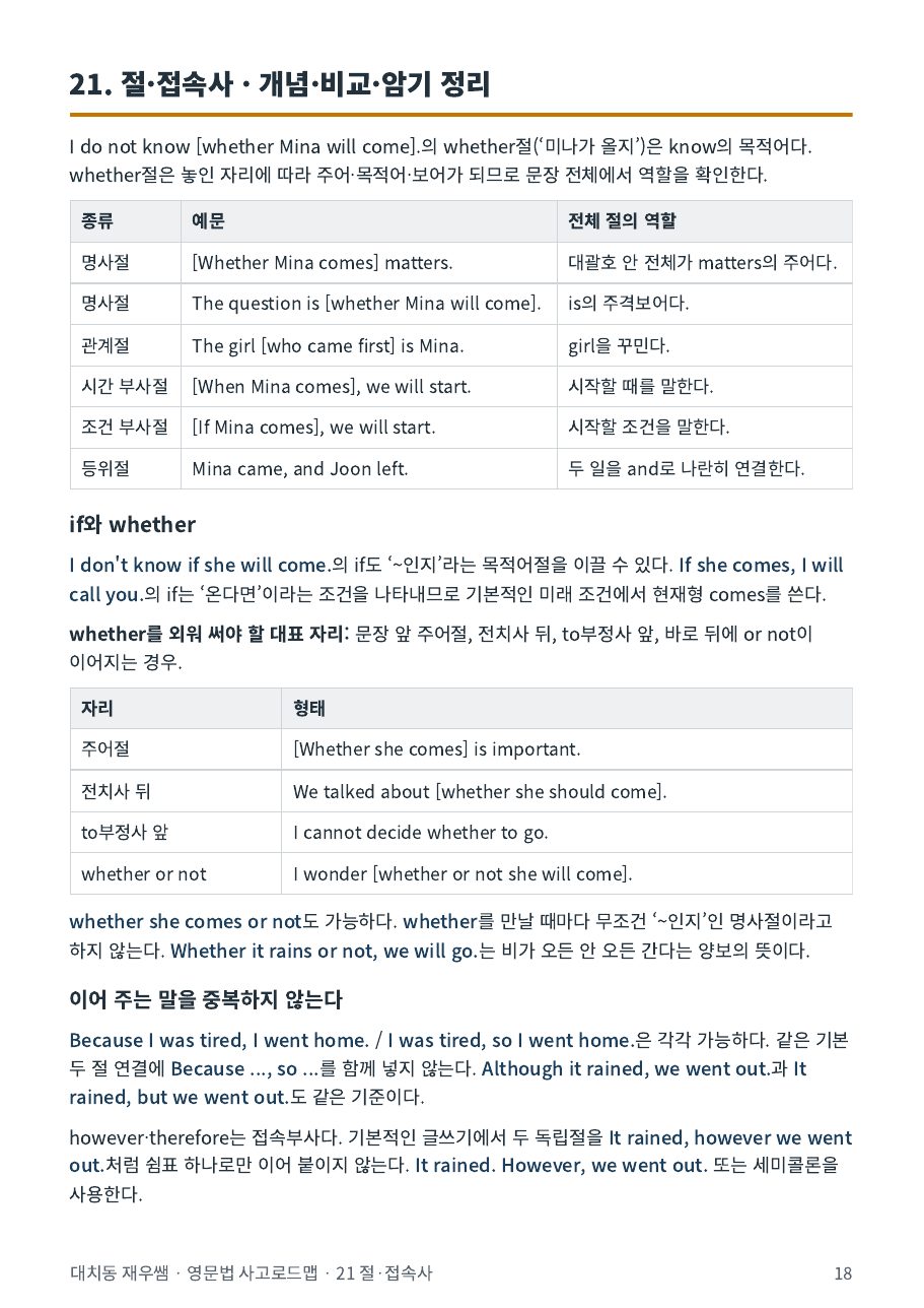 절의 종류와 whether를 꼭 쓰는 자리 정리 표