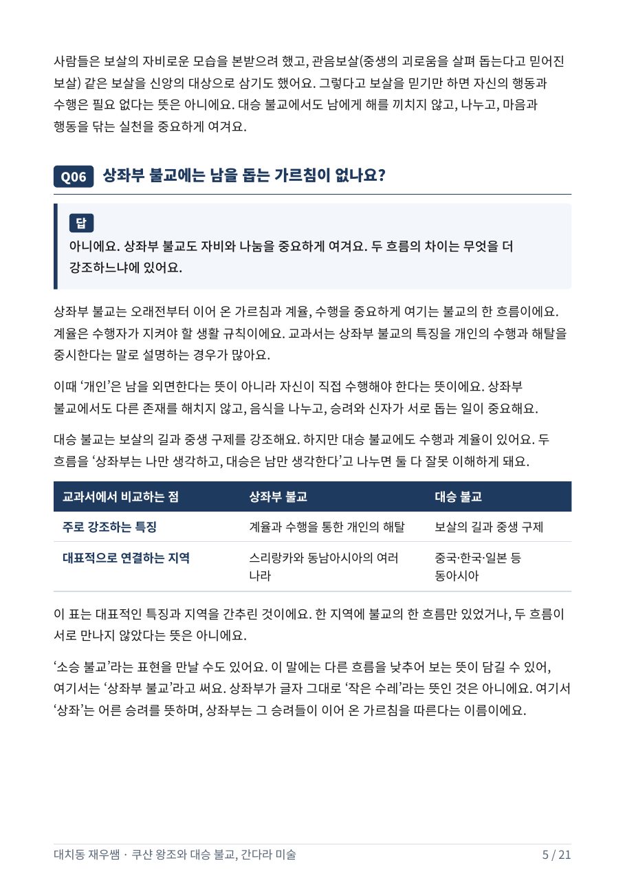 상좌부 불교와 대승 불교 비교 표