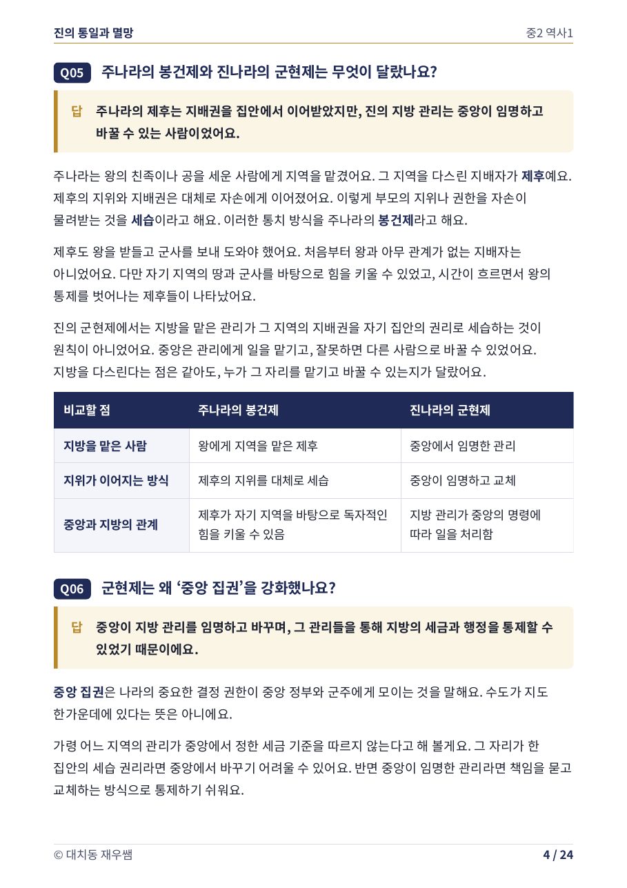 주나라의 봉건제와 진나라의 군현제 비교 표