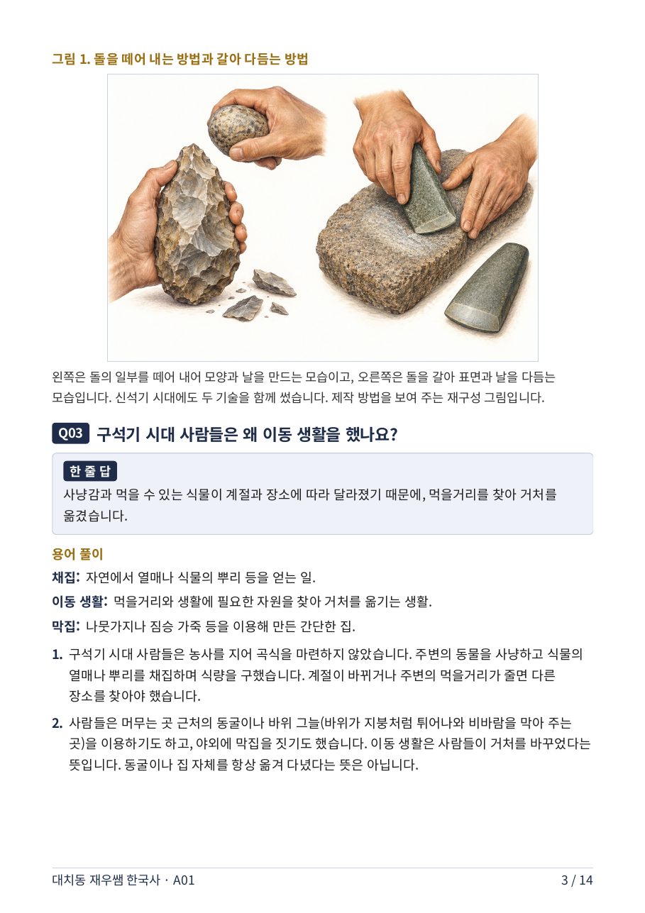 돌을 떼어 내는 방법과 갈아 다듬는 방법