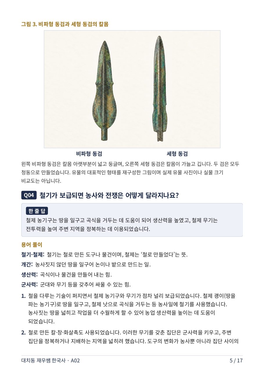 비파형 동검과 세형 동검의 칼몸 비교