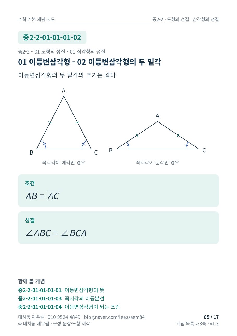이등변삼각형의 두 밑각 — 뜻·이유·문제에서 쓰이는 형태를 한 장에