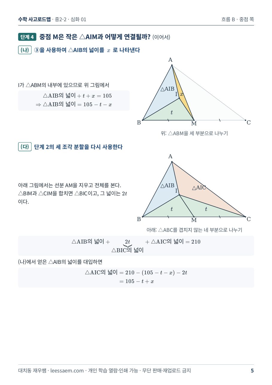 단계 4 — 중점 M으로 △ABM과 △ABC를 나누어 넓이 관계 세우기