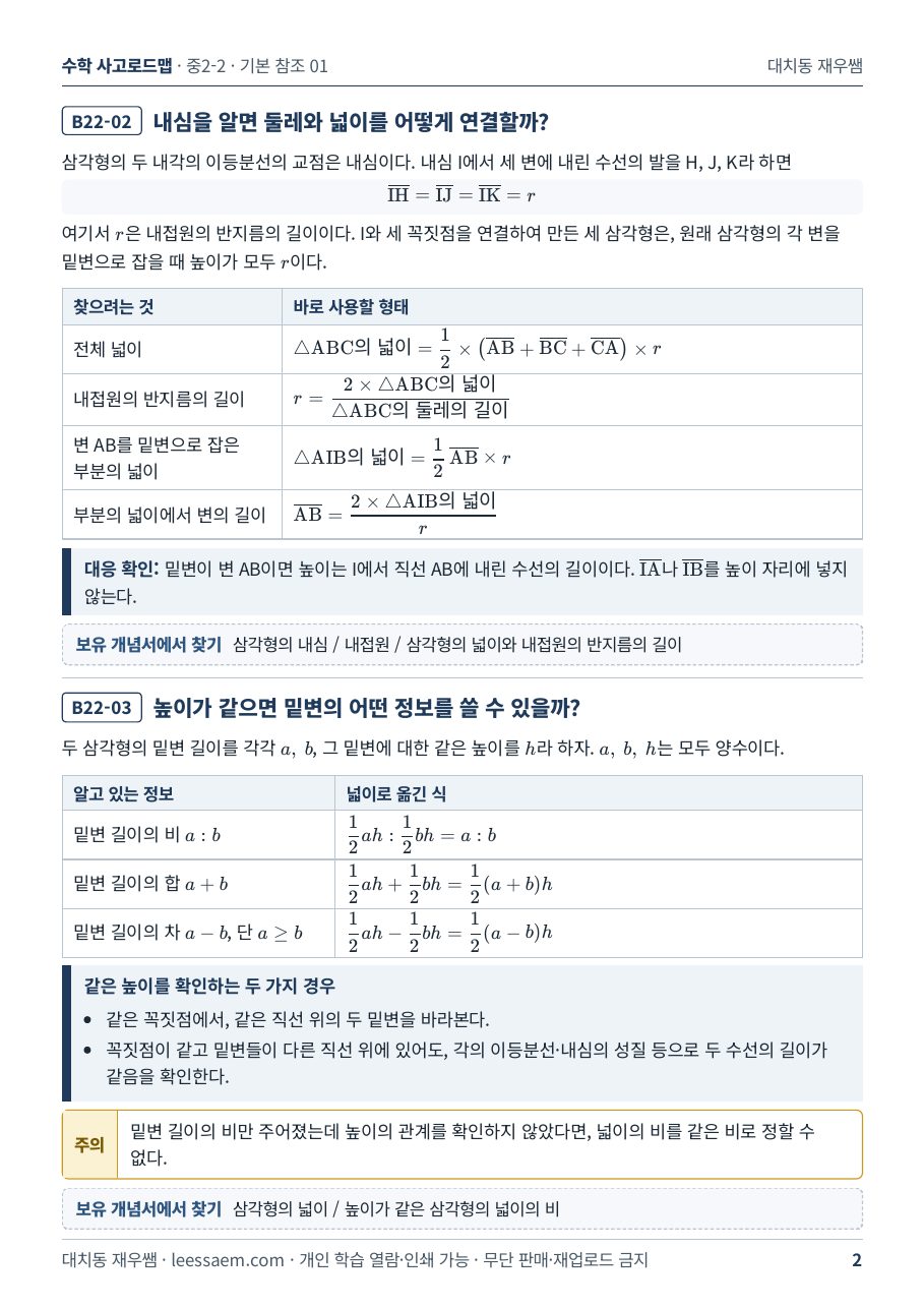 B22-02·03 내심과 둘레·넓이 · 높이가 같은 삼각형의 넓이 식