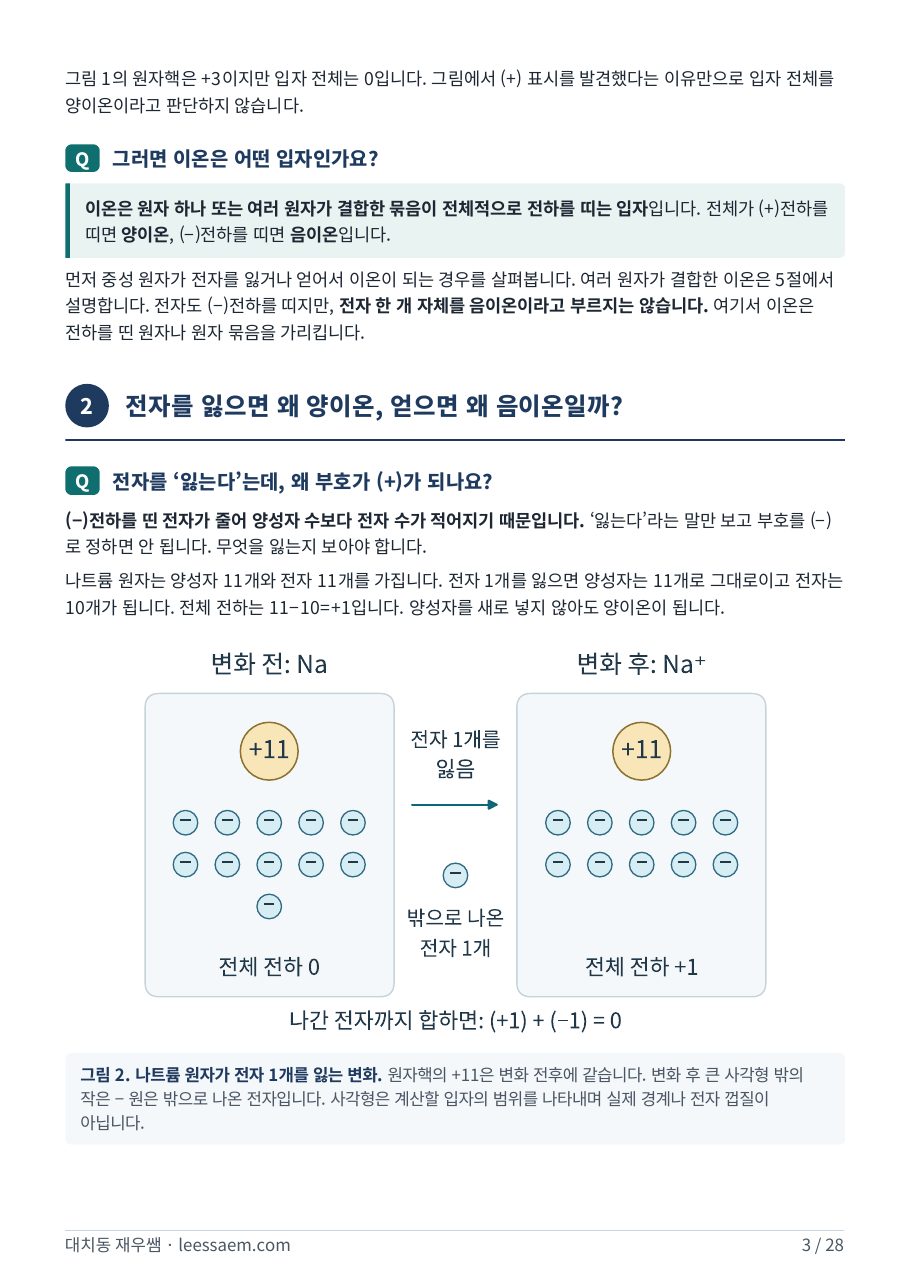 나트륨 원자가 전자 1개를 잃는 변화 — 변화 전후의 전체 전하