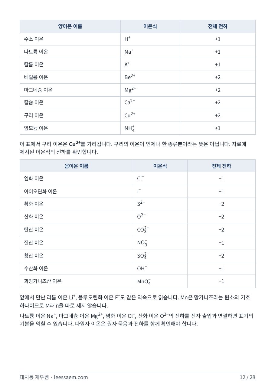 대표 양이온·음이온의 이름·이온식·전체 전하 표